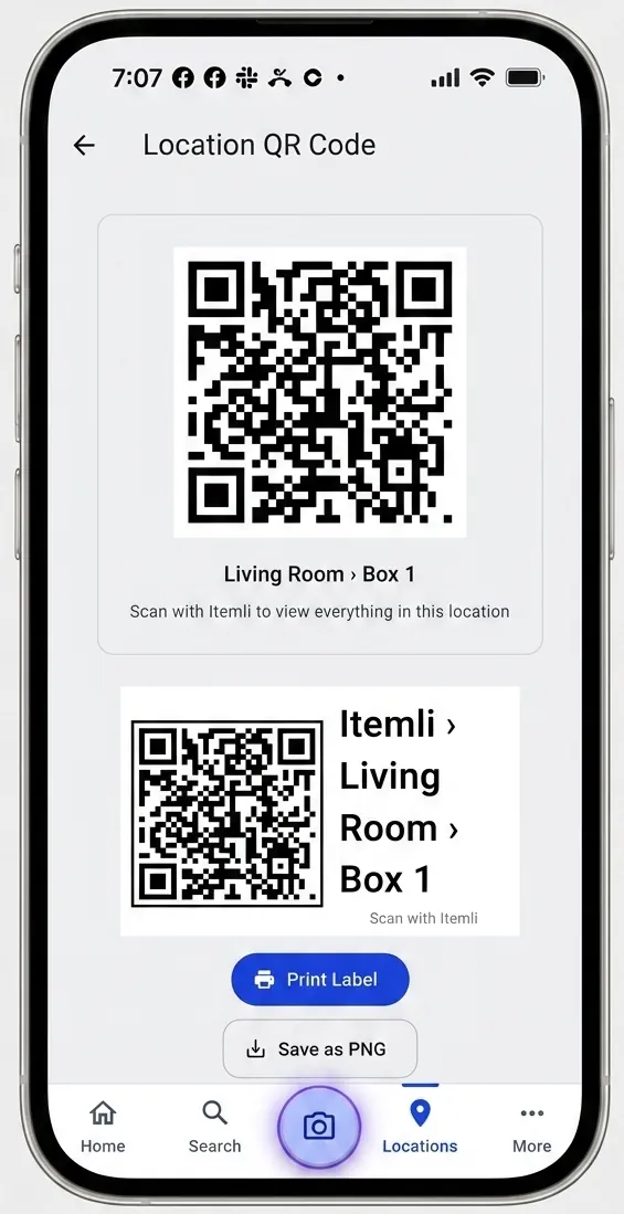QR codes generated for rooms, shelves, and bins to label moving boxes