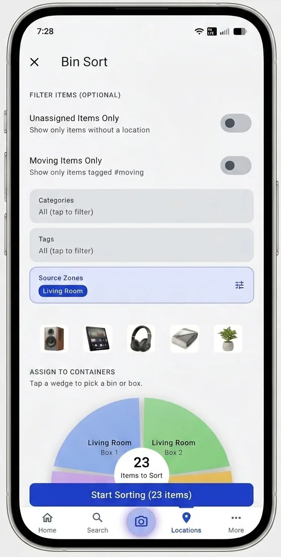 Bin Sort list configuration screen within the Itemli app