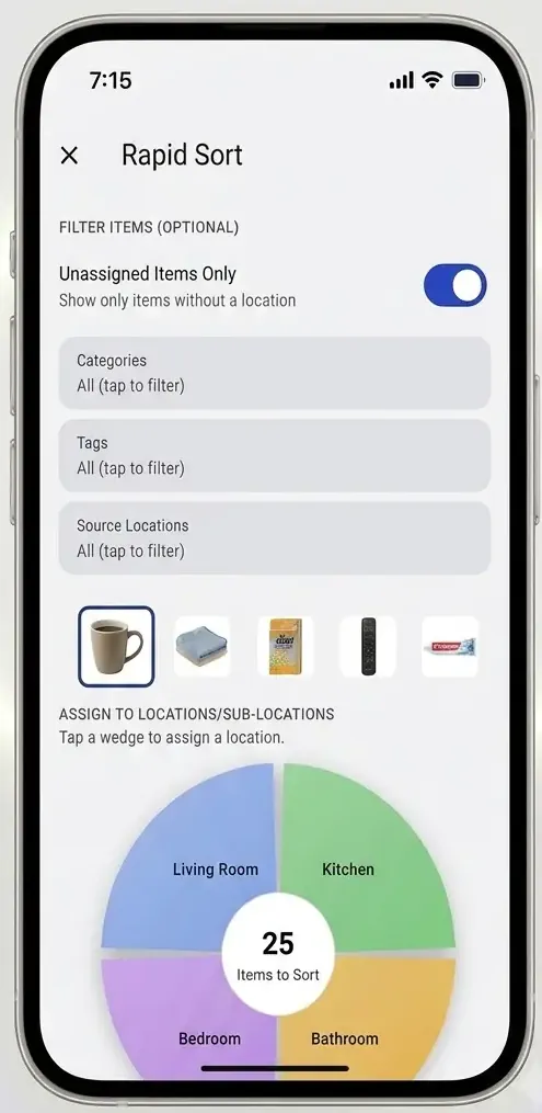 Rapid Sort's four-corner dial interface within the Itemli app