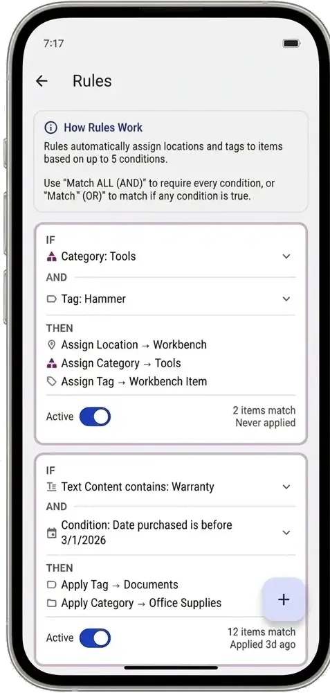 Rules engine auto-assigning locations, categories, and tags during a move